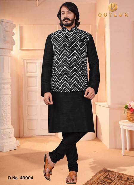 Black Colour Art Silk Wedding Wear Kurta Pajama With Jacket Mens Collection 49004